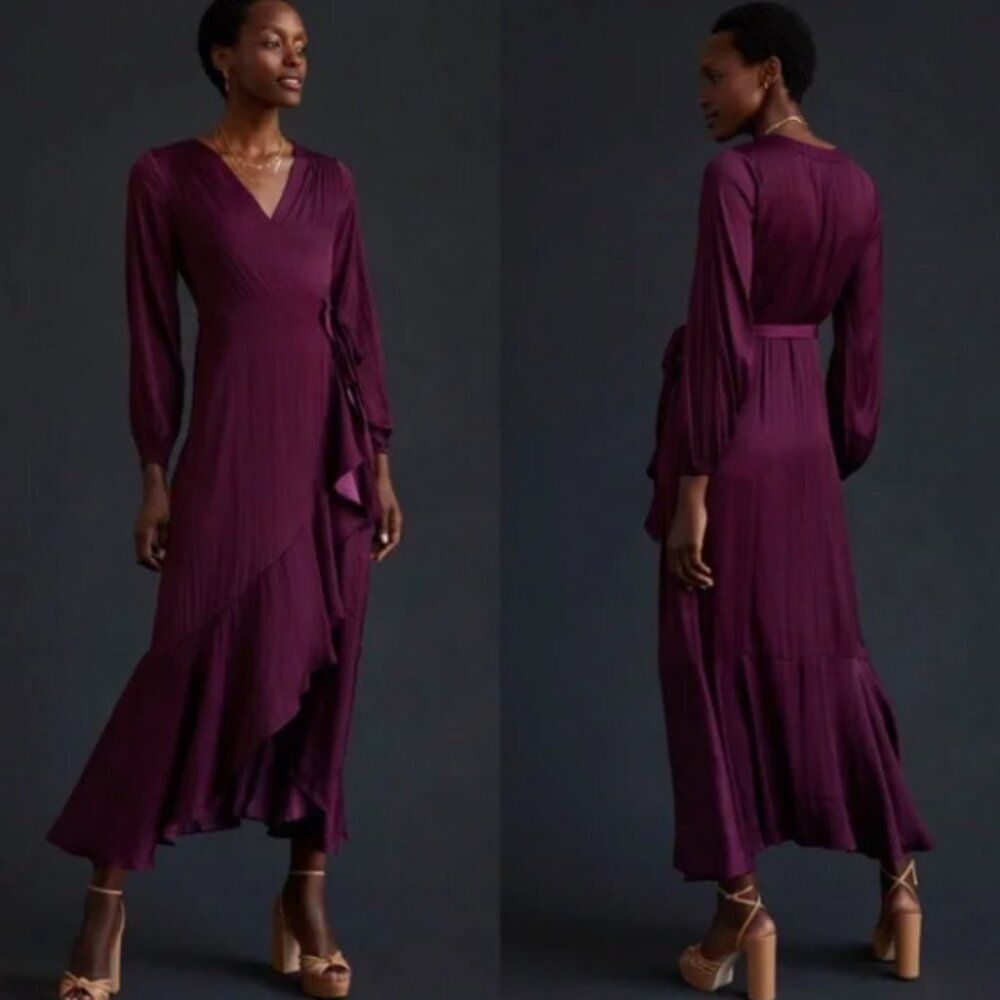 X-Small - Small - Maeve by Anthropologie V-Neck Wrap Maxi Long Satin Dress
